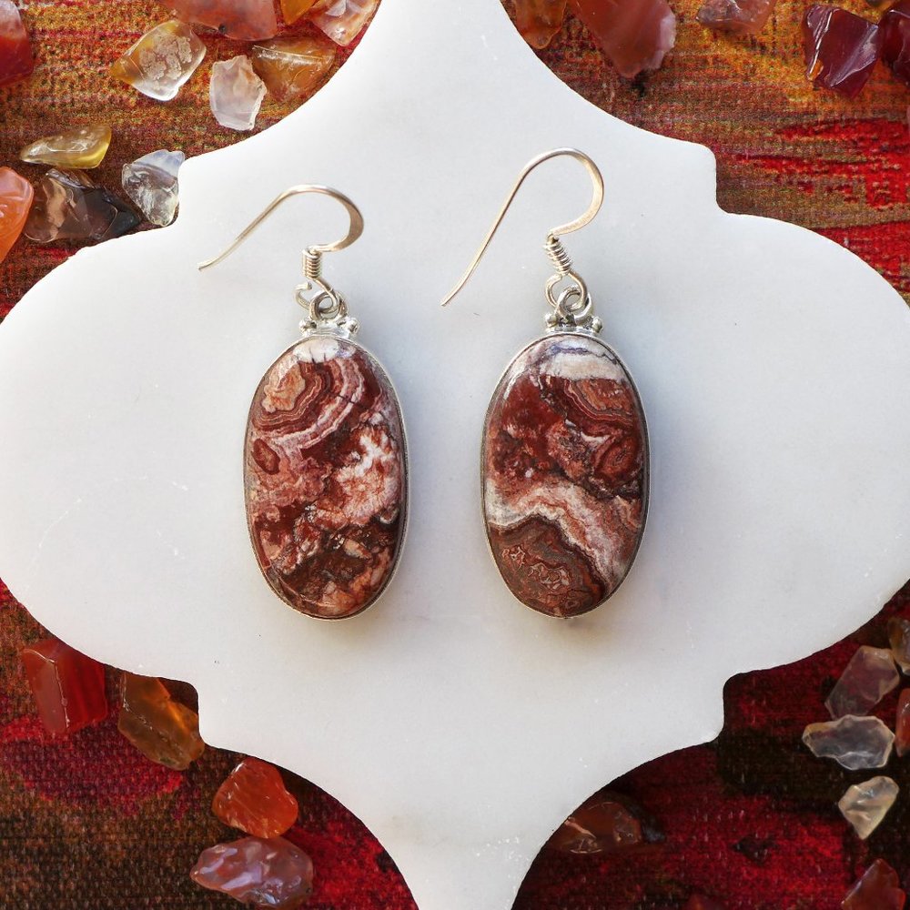 Crazy Lace Brown Red Agate Oval earrings in silver